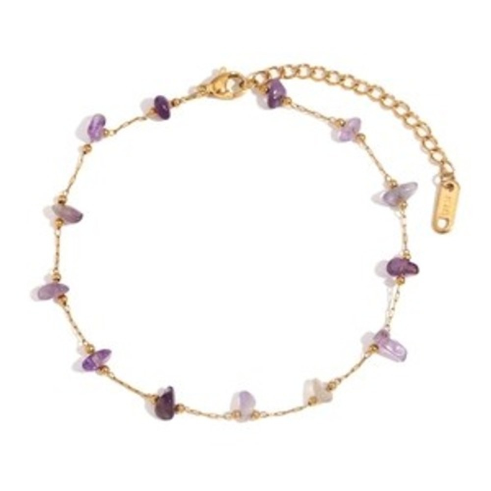 Amethyst Anklet 18K Gold Plated Stainless Steel Purple Stone Chip Boho Jewelry